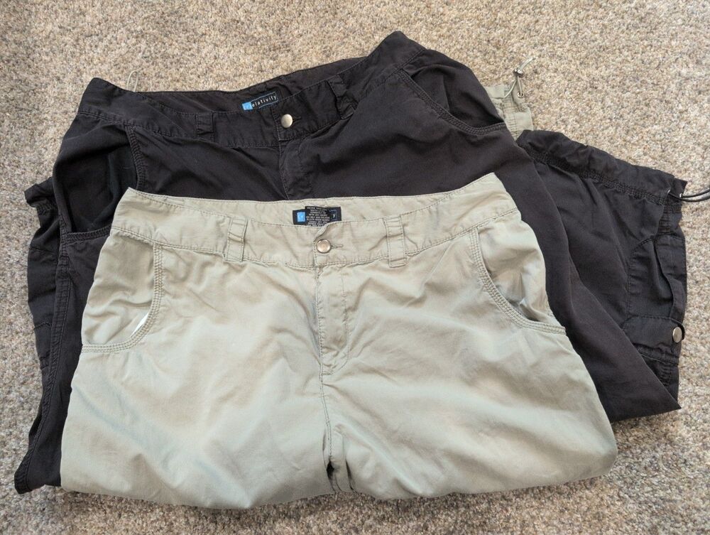 2 Pair Relativity Cargo Capri Pants Sz 14 Black & Light Green Leg Cinch Strings